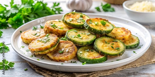 Crispy fried zucchini rounds sprinkled with fresh parsley and sea salt on a white plate