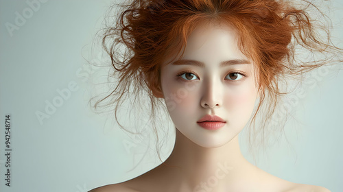 Close-up portrait of a young woman with red hair and delicate makeup.