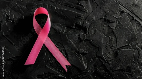 Pink ribbon on a black background, symbolizing breast cancer awareness with a striking, impactful contrast. photo