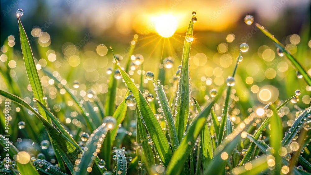 Fototapeta premium Dew on grass blades glistening in the morning sun, fresh weather, nature awakening