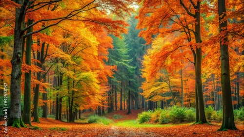 Tranquil autumnal forest scene with vibrant orange and lingering green foliage exuding serenity