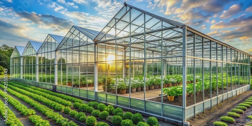 Glass greenhouse with rows of thriving vegetable plants inside, greenhouse, glass, vegetables