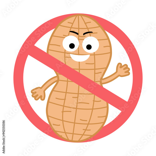 Cartoon peanut in prohibition sign vector illustration symbol. Peanut free. Peanut allergy.