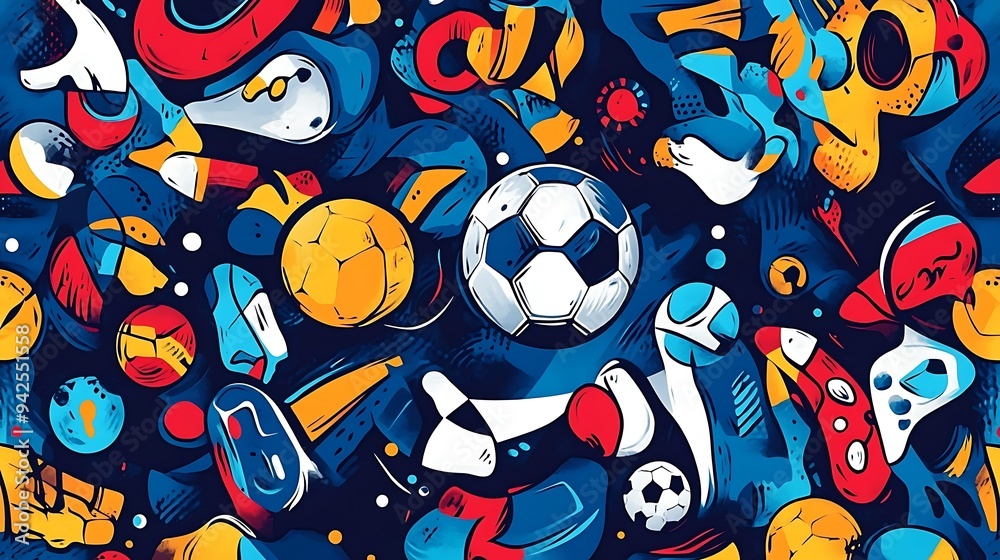 Doodle Soccer Art Pattern, Fashion Textile, Sport clothes, Street Art Graffiti 