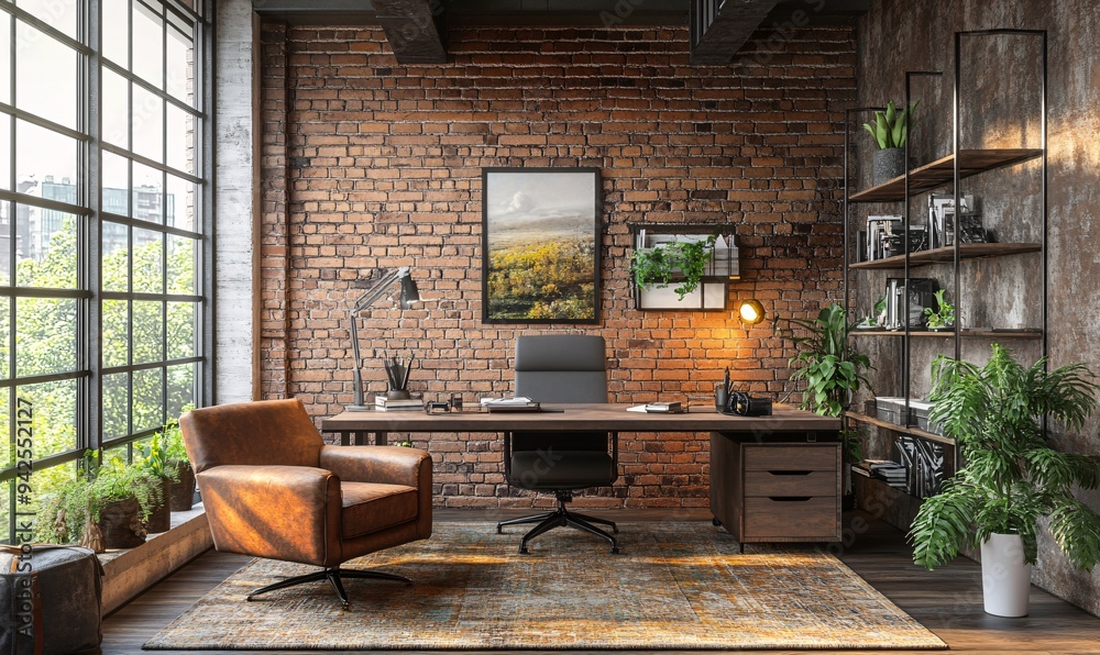 Fototapeta premium Modern office interior in loft, industrial style, 3d render 