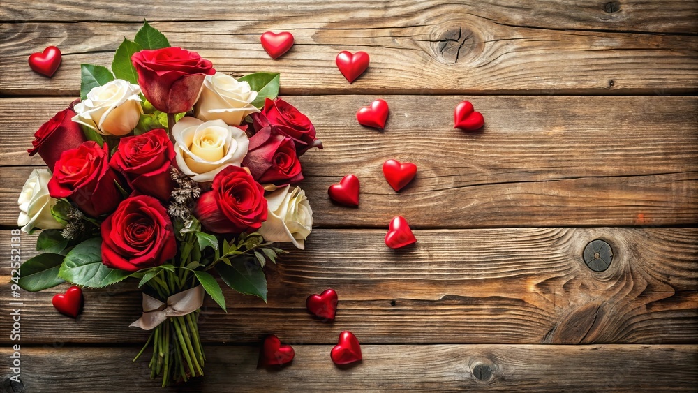 Romantic Valentine's Day bouquet with roses and hearts on rustic wood background Romantic Valentine's Day bouquet with roses and hearts on rustic wood background