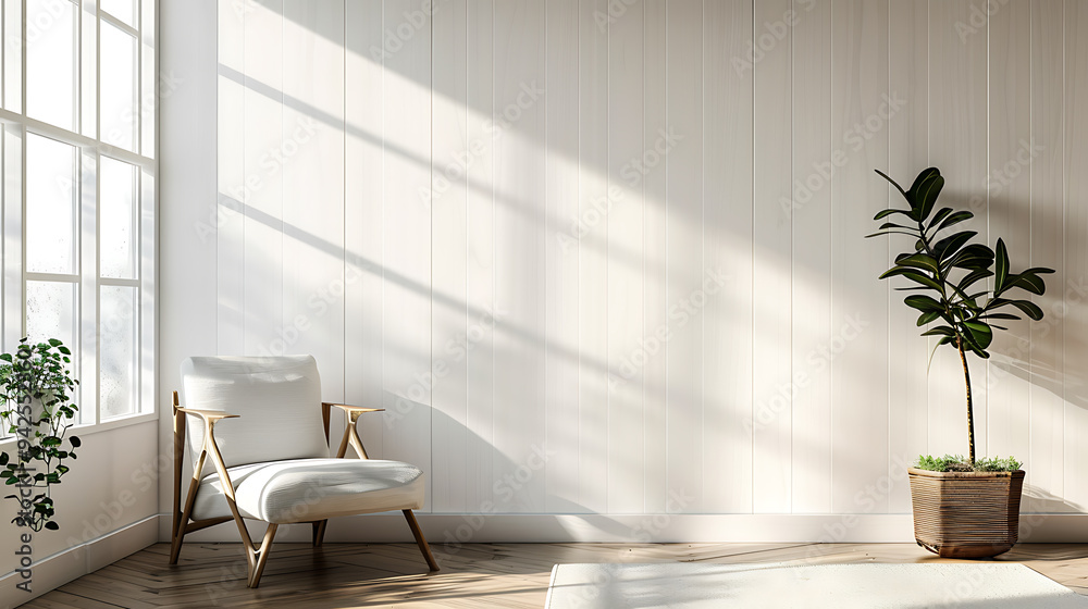 A minimalist living room with a white armchair, a potted plant, and a large window letting in natural light. The simple design creates a peaceful and serene atmosphere. A minimalist living room with a white armchair, a potted plant, and a large window letting in natural light. The simple design creates a peaceful and serene atmosphere.