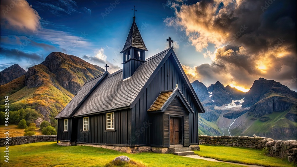 A beautiful black church nestled in the tranquil mountains , church, black, mountains, landscape, serene, peaceful A beautiful black church nestled in the tranquil mountains , church, black, mountains, landscape, serene, peaceful