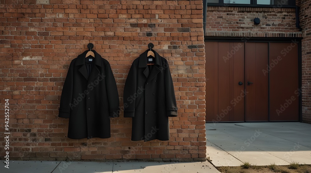 Naklejka premium Black Coats Hanging on a Rustic Brick Wall.generative.ai