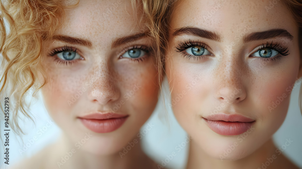Close-up portrait of two young women with freckles and blue eyes. Close-up portrait of two young women with freckles and blue eyes.
