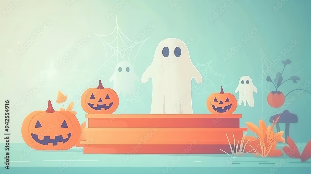 Halloween-themed podium with ghostly mist, flat design, front view, ghost theme, animation, Triadic Color Scheme Halloween-themed podium with ghostly mist, flat design, front view, ghost theme, animation, Triadic Color Scheme