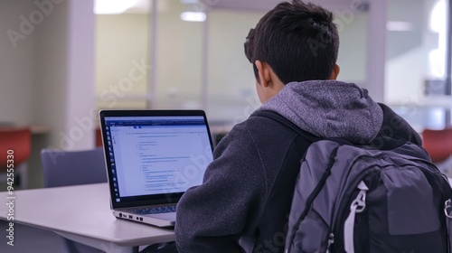 Student Working on Laptop in University Library