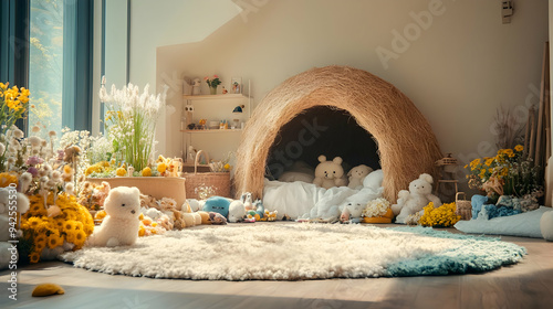 Cozy playroom with a straw ...