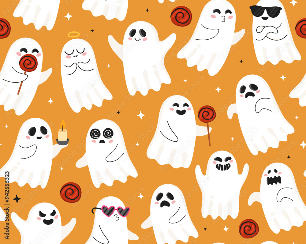 Halloween seamless pattern with cute cartoon ghosts. Halloween characters, candies, orange background. Design for wrapping paper, textile.