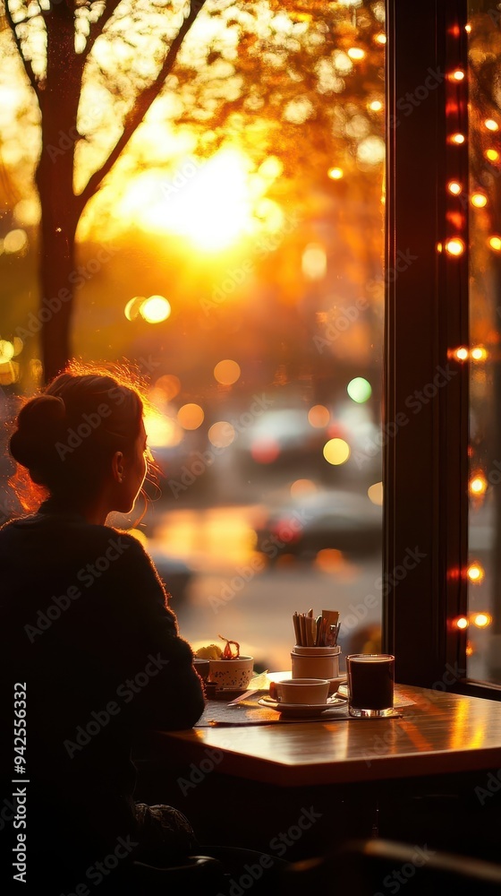 A serene sunset view from a cafe, where a woman enjoys her coffee while watching the city lights come to life. A serene sunset view from a cafe, where a woman enjoys her coffee while watching the city lights come to life.
