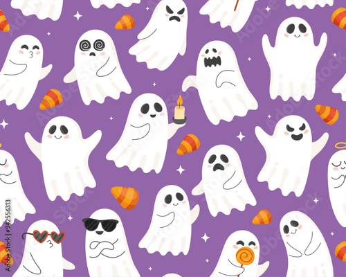 Halloween seamless pattern with cute cartoon ghosts. Halloween characters, corn candies, purple background. Design for wrapping paper, textile.