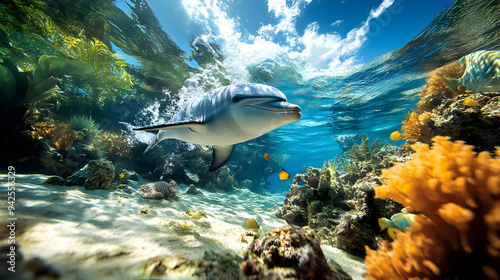 Dolphin swims through blue ...