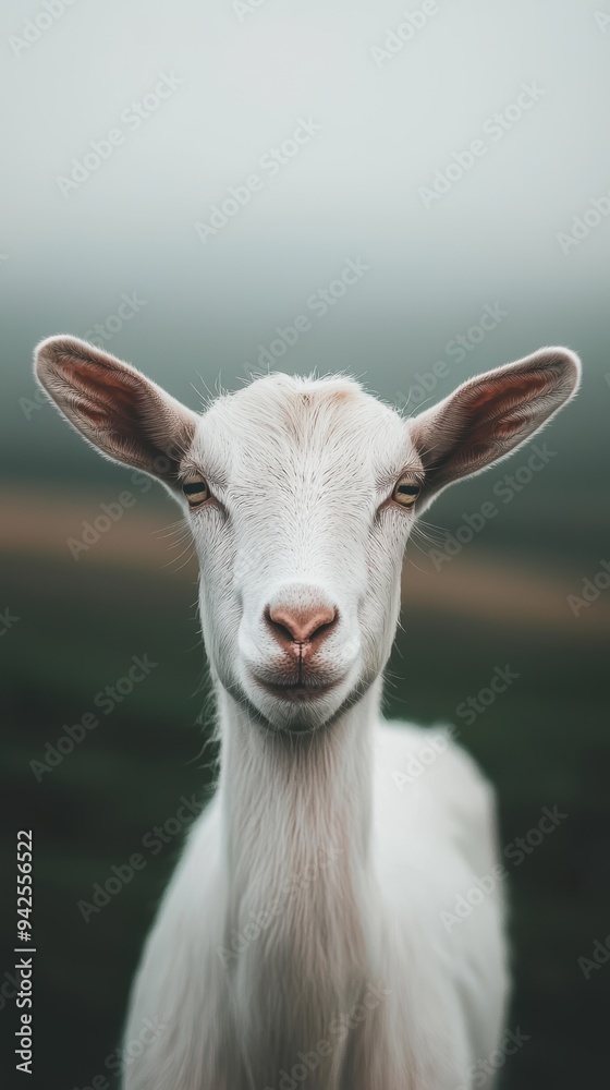 Close-Up Portrait of a White Goat in a Misty Green Field with Calm Atmosphere Close-Up Portrait of a White Goat in a Misty Green Field with Calm Atmosphere