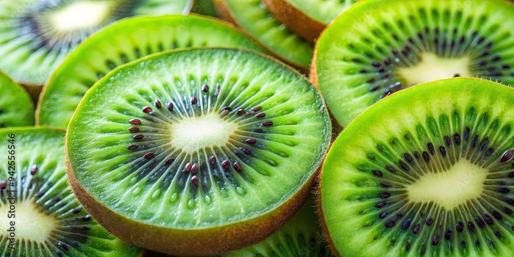 Close-up photo of freshly sliced kiwi fruit revealing vibrant green flesh and black seeds, rich in vitamin C and perfect for a healthy snack or smoothie Close-up photo of freshly sliced kiwi fruit revealing vibrant green flesh and black seeds, rich in vitamin C and perfect for a healthy snack or smoothie