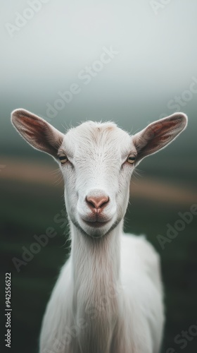 Close-Up Portrait of a White Goat in a Misty Green Field with Calm Atmosphere