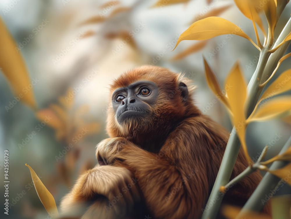 Obraz premium Detailed view of a Brown woolly monkey, Lagothrix lagotricha, in a forest setting