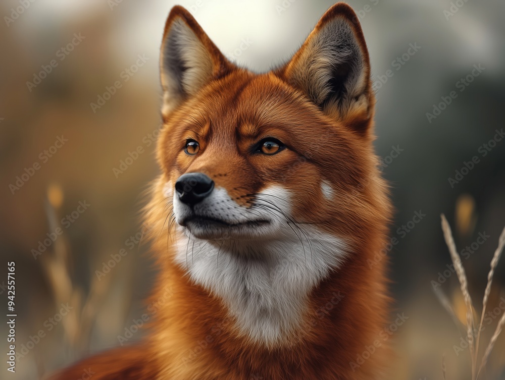 Portrait of a Dhole, Cuon alpinus, surrounded by savanna grass Portrait of a Dhole, Cuon alpinus, surrounded by savanna grass