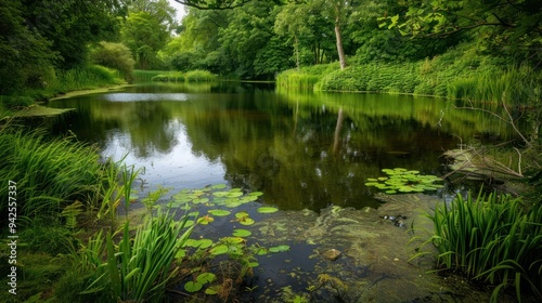 Tranquil Pond Surrounded by Lush Greenery.