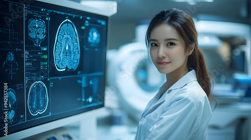 Female doctor looking at MRI scan results on computer screen in hospital. photo