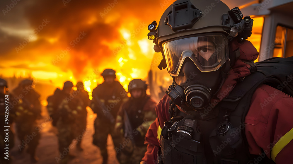 Firefighter in full gear, standing in front of a blaze.