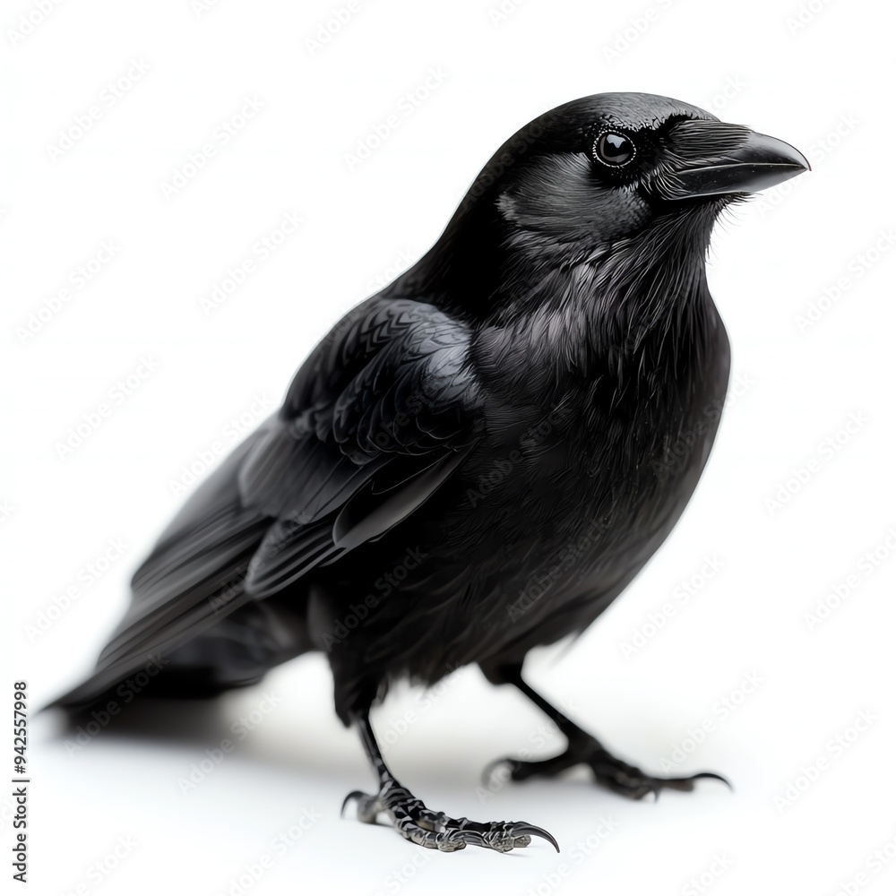 Fototapeta premium A striking black bird with glossy feathers, showcasing elegance and mystery in nature. Ideal for wildlife and bird photography.