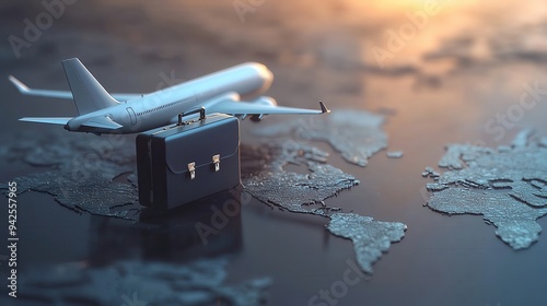 Business travel concept, airplane and briefcase, global mobility, 3D illustration