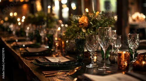 Table Decor: Drape tables in dark greens and rich browns, with silverware and accents in copper or brushed gold, resembling the natural textures and tones of the mountains..