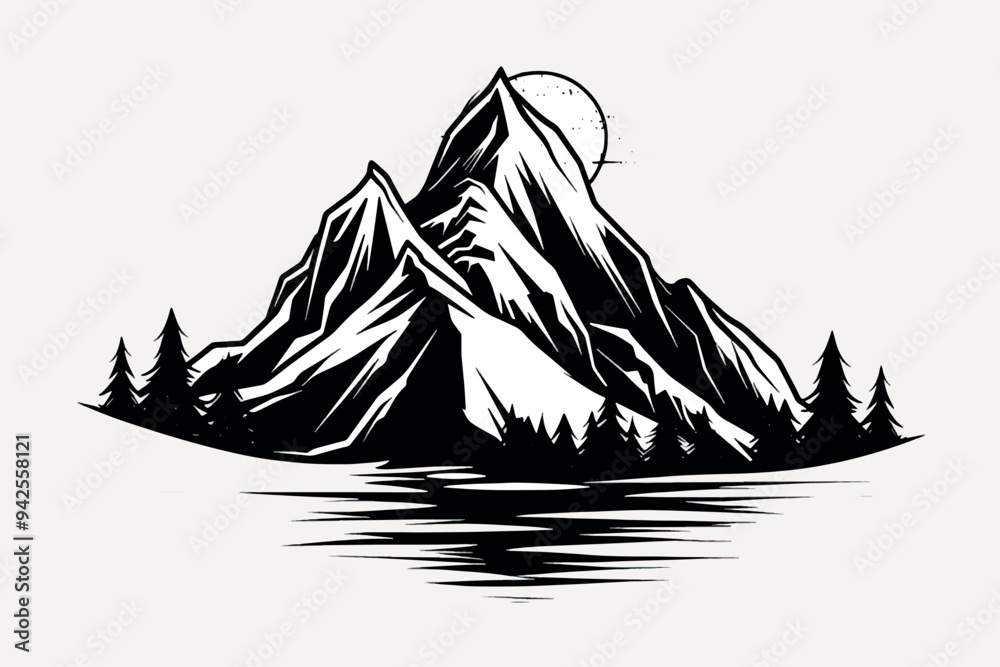 Fototapeta premium Monochrome mountain landscape illustration
