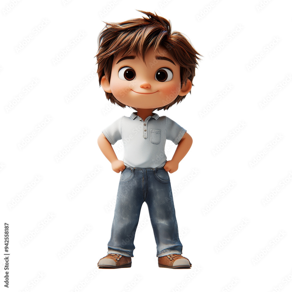 Cute cartoon boy with brown hair smiling wearing blue jeans and white t shirt Cute cartoon boy with brown hair smiling wearing blue jeans and white t shirt