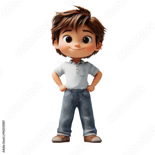 Cute cartoon boy with brown hair smiling wearing blue jeans and white t shirt