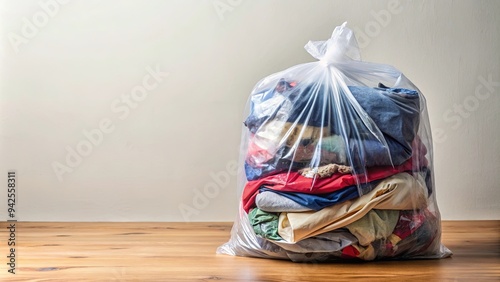 Plastic bag filled with secondhand clothes for donation and recycling