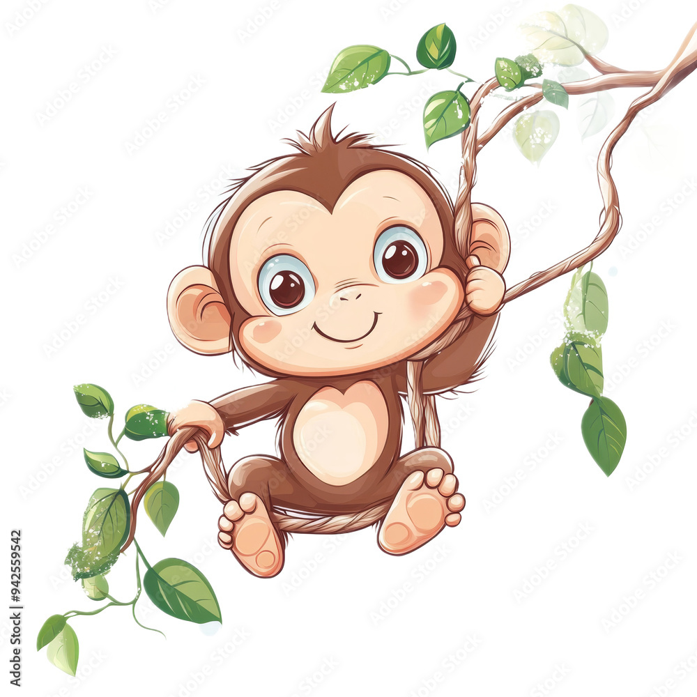 Cute Cartoon Monkey Hanging on Vine Branch