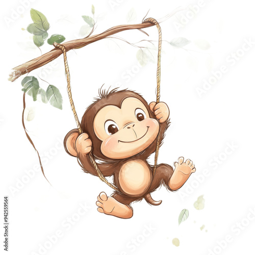 Cute Cartoon Monkey Swinging on Jungle Vine