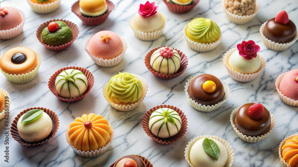 Colorful Marzipan Confections Artfully Arranged on Marble Background Colorful Marzipan Confections Artfully Arranged on Marble Background