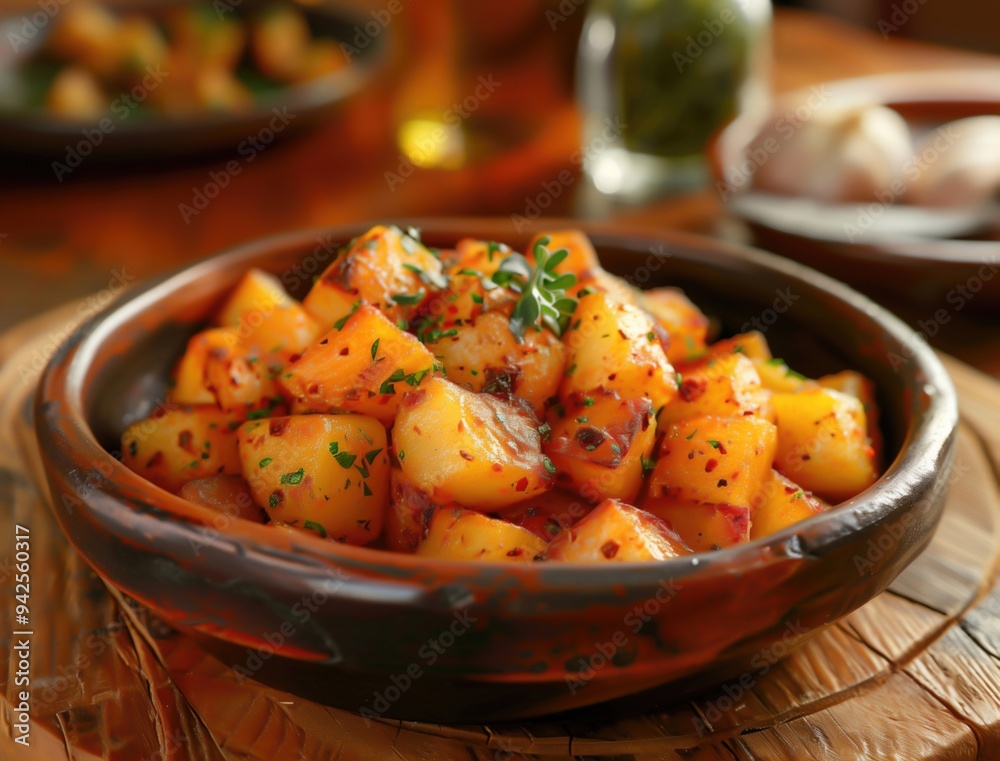 Rustic setting of Patatas Bravas, close up Spanish fried potato dish Rustic setting of Patatas Bravas, close up Spanish fried potato dish