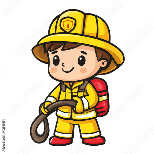 Cute Cartoon Firefighter Holding Hose with Fire Engine Illustration