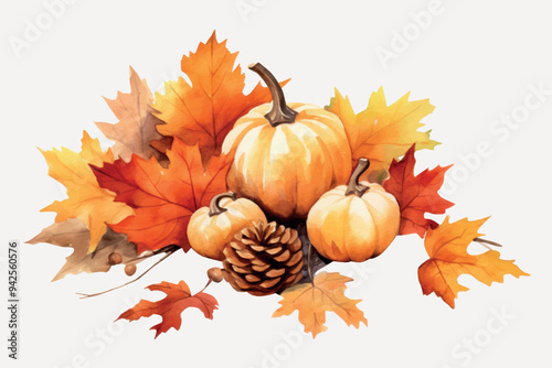 Autumn pumpkins leaves pinecone illustration