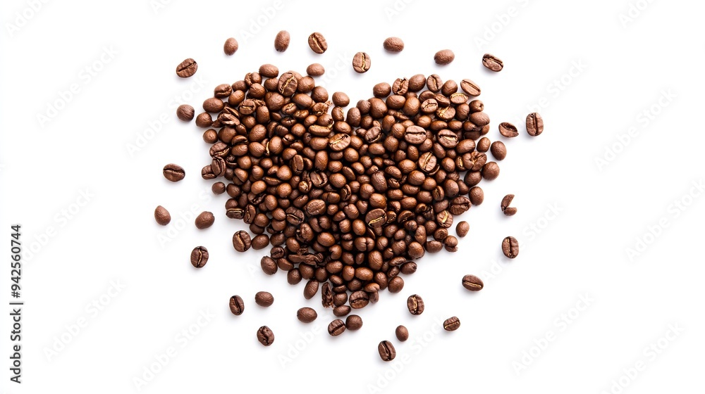 Heart-shaped arrangement of roasted coffee beans on white background Heart-shaped arrangement of roasted coffee beans on white background