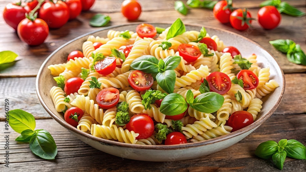 Delicious fusilli pasta salad with fresh cherry tomatoes and basil, perfect for a summer meal Delicious fusilli pasta salad with fresh cherry tomatoes and basil, perfect for a summer meal