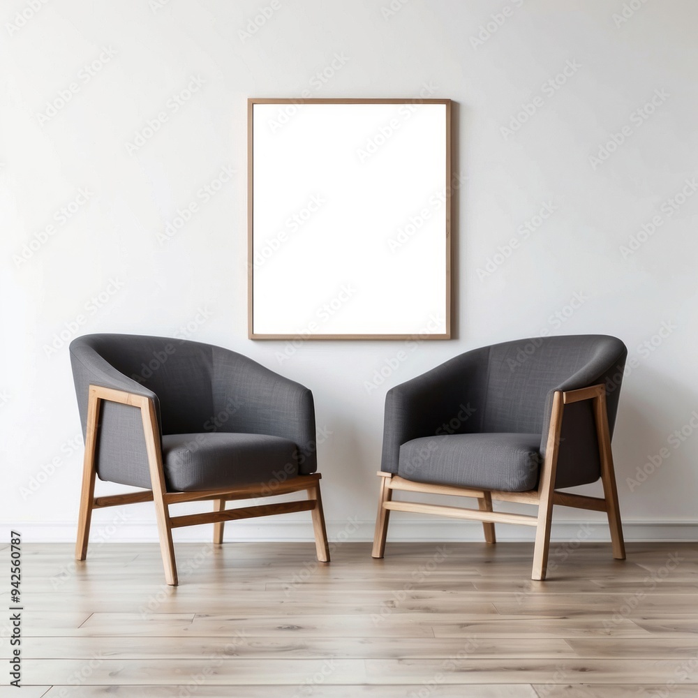 Two Gray Armchairs and a Framed Canvas in a Minimalist Interior Two Gray Armchairs and a Framed Canvas in a Minimalist Interior