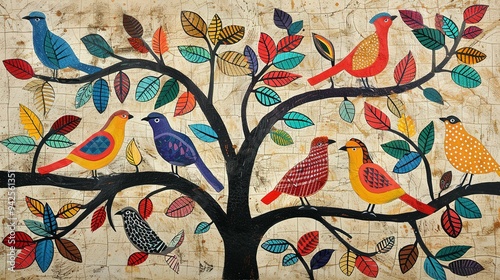 Traditional Gond Folk Art from India: Brightly Colored Birds in a Tree on a Textured Background