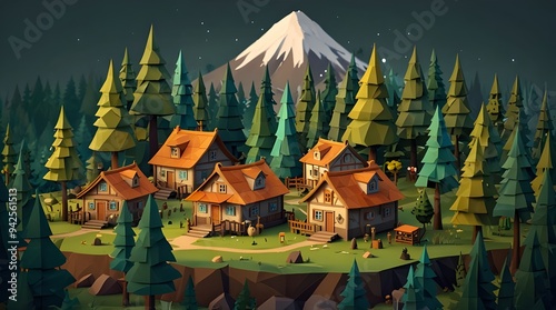 Low Poly Illustration of a Forest Village with Houses.generative.ai