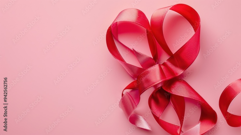 A vibrant red ribbon intertwined with a pink ribbon, set against a soft pink background, representing unity and love through delicate colors. A vibrant red ribbon intertwined with a pink ribbon, set against a soft pink background, representing unity and love through delicate colors.