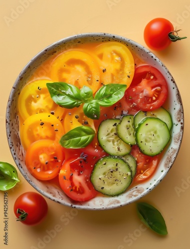 Sunlit gazpacho soup with tomato slices and basil in a rustic bowl photo