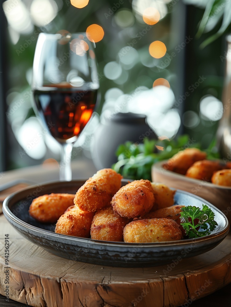 Close up of fried Croquetas, a savory Spanish appetizer in a traditional setting Close up of fried Croquetas, a savory Spanish appetizer in a traditional setting